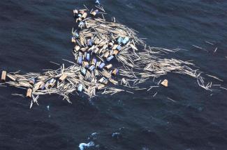 Houtpakketten dijven in de Noordzee
